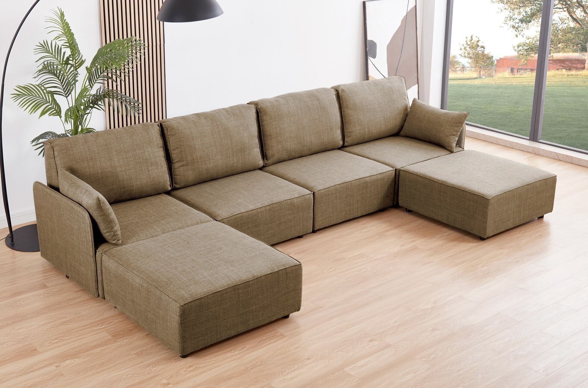 DIVANO COMPONIBILE CON BRACCIOLI MOU 4 POSTI + 2 CHAISELONGUE IN TESSUTO BEIGE 366 x 183 x 93 CM OK1467