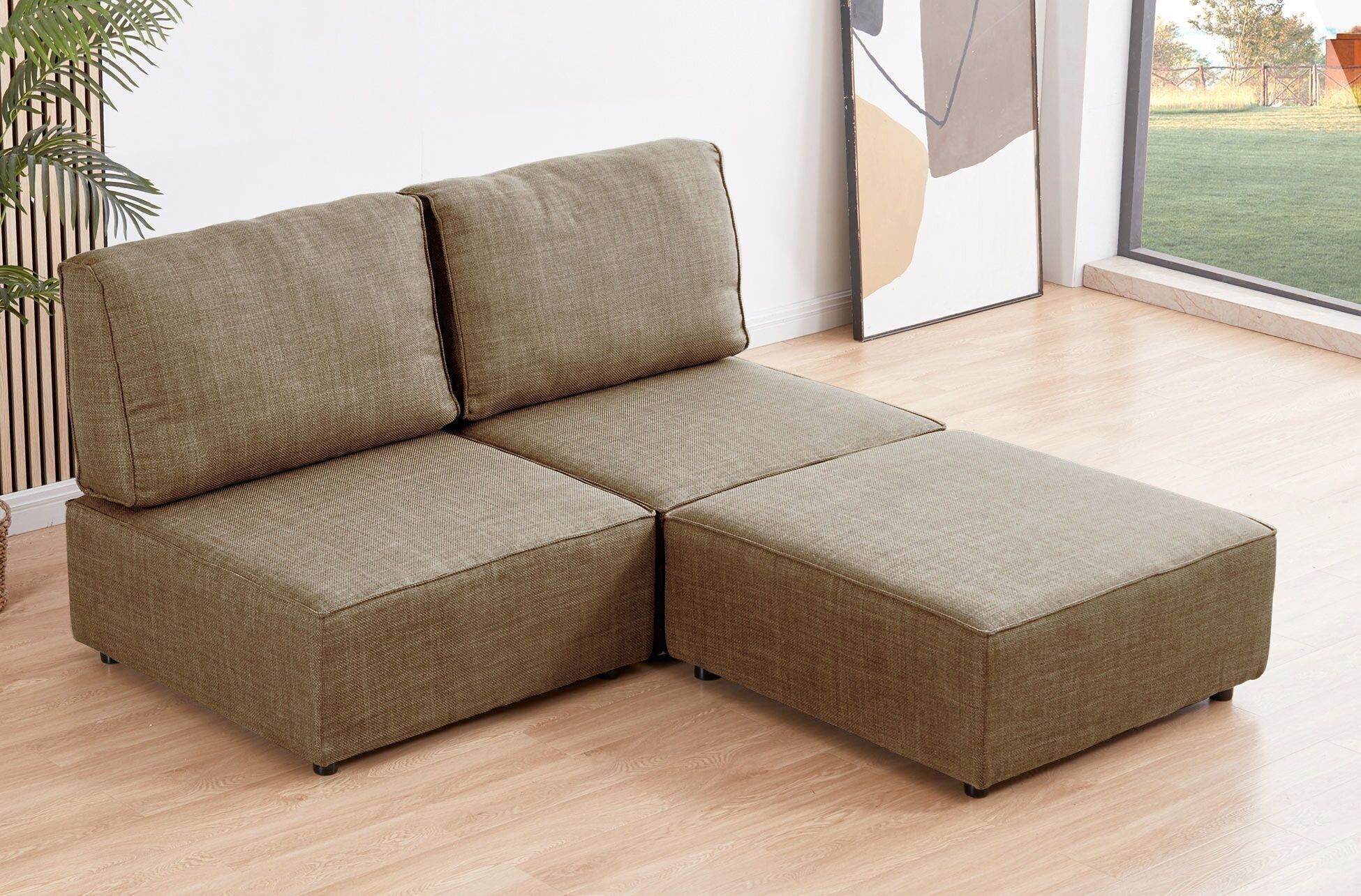 SOFA MODULAR SIN BRAZOS MOU 2 PLAZAS + CHAISELONGUE TEJIDO BEIGE 180 x 183 X 93 CM OK1453