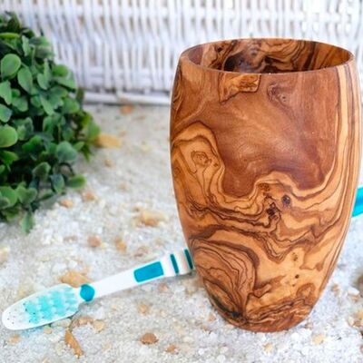 Vaso pequeño para cepillos de dientes fabricado en madera de olivo