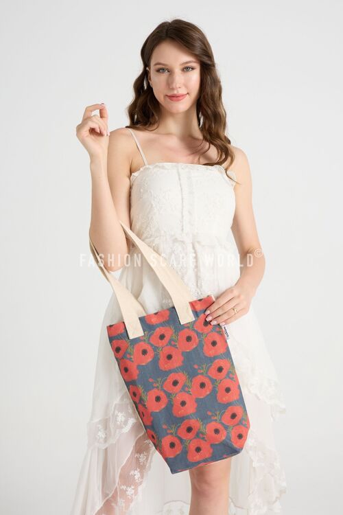 Vibrant Poppy Floral Print Cotton Tote Bag (Pack Of 3) - Multi