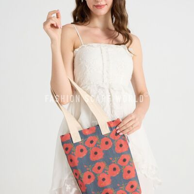 Vibrant Poppy Floral Print Cotton Tote Bag (Pack Of 3) - Multi