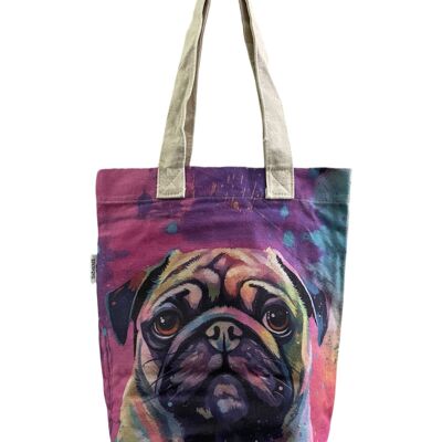 Bolso tote de algodón con estampado artístico de Pug colorido (paquete de 3) - Multicolor