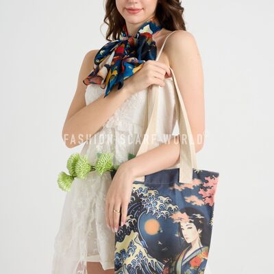 Baumwoll-Einkaufstasche mit japanischem „Great Wave and Lady“-Kunstdruck (3er-Pack) – Mehrfarbig
