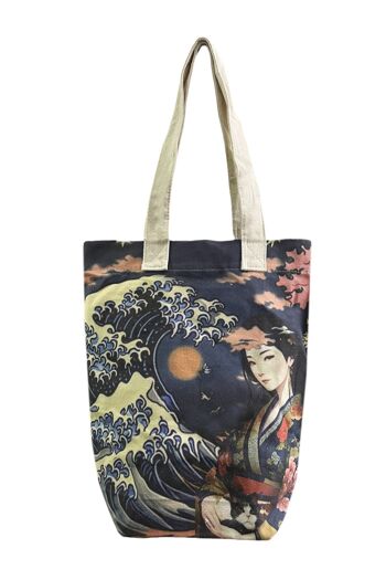 Sac fourre-tout en coton imprimé artistique japonais Great Wave et Lady (paquet de 3) - Multi 2