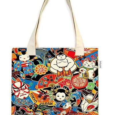 Baumwoll-Einkaufstasche mit japanischem Cartoon-Kunstdruck (3er-Pack) – Mehrfarbig