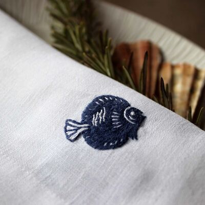 Serviette en tissu 100% coton, motif "poisson-globe bleu", 40x40cm brodée main, lot de 2