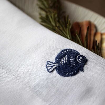 Serviette en tissu 100% coton, motif "poisson-globe bleu", 40x40cm brodée main, lot de 2