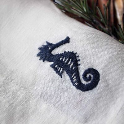 Fabric napkin 100% cotton, motif "seahorse blue", 40x40cm hand-embroidered, set of 2