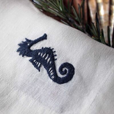 Fabric napkin 100% cotton, motif "seahorse blue", 40x40cm hand-embroidered, set of 2