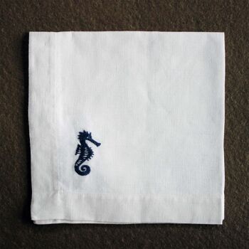 Serviette en tissu 100% coton, motif "hippocampe bleu", 40x40cm brodée main, lot de 2 3
