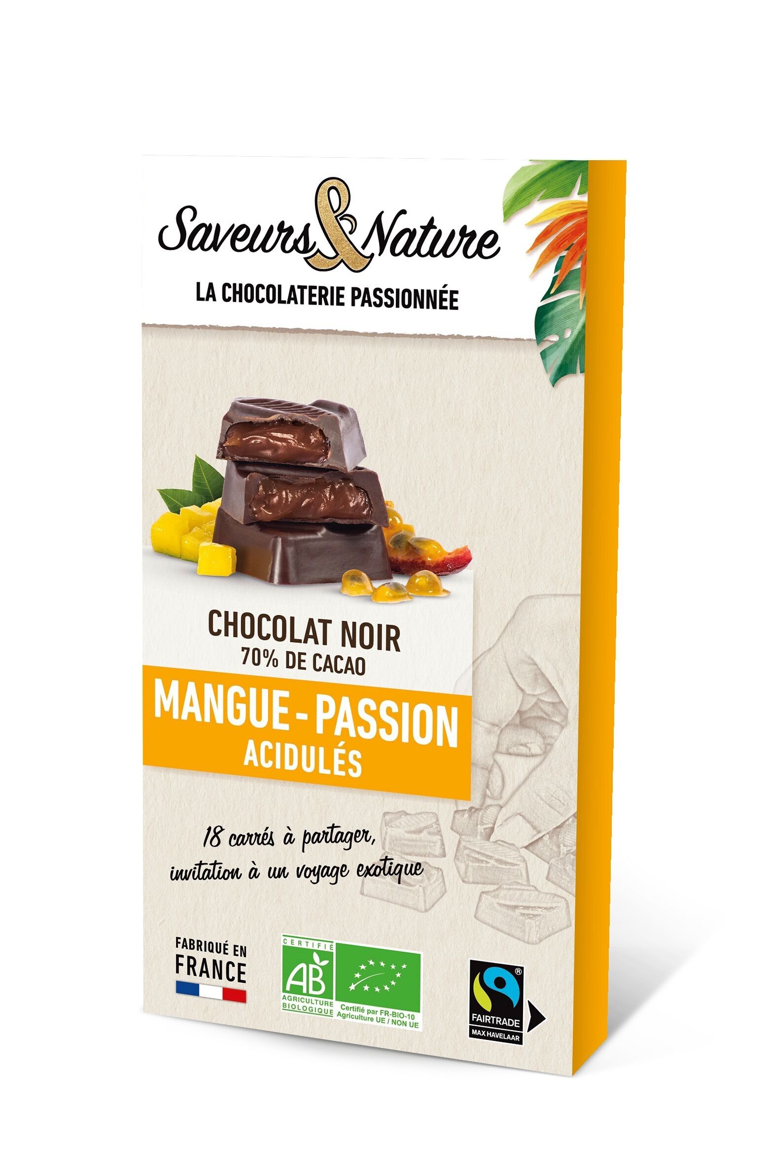 18 Quadrati Ripieni Mango-Passion Ricoperti Di Cioccolato Fondente