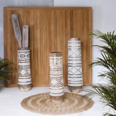 WOODEN FLOWER POT 20X20X90 CARVED COCONUT FLOWER JR213861