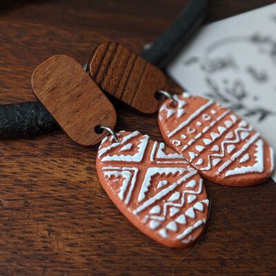 Terracotta clay earrings, patterned earrings with a wooden stud