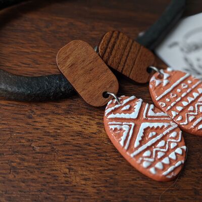 Terracotta clay earrings, patterned earrings with a wooden stud