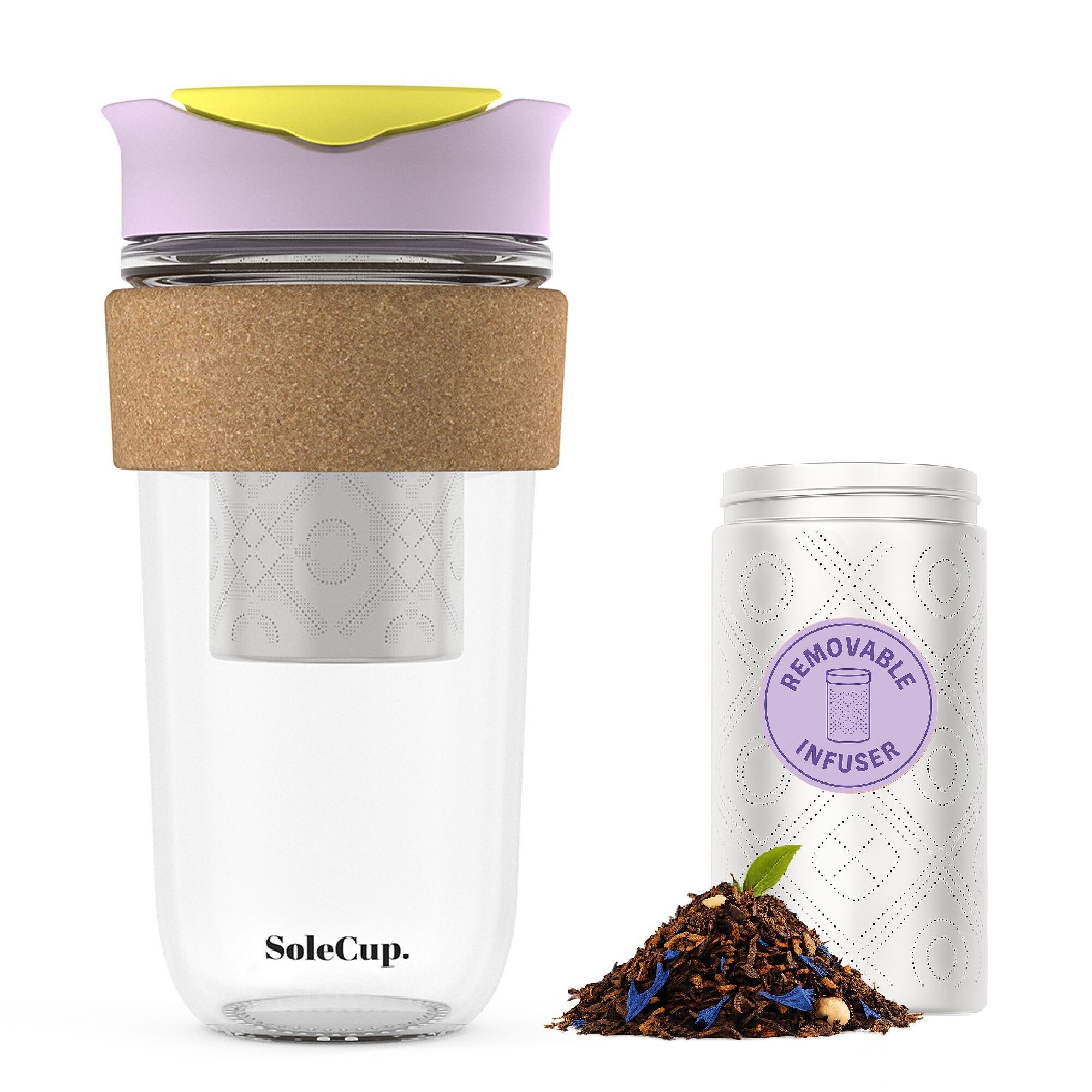 Tazza da viaggio in vetro grande SoleCup - 18oz (530ml) con infusore per tè sfuso rimovibile - Fascia con impugnatura in sughero
