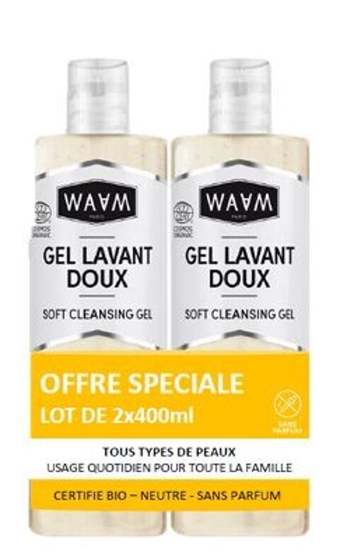 WAAM Cosmetics – 12 achetés +6 Offerts DUO BASE GEL LAVANT DOUX 400 ML COSMOS ORGANIC ECOCERT