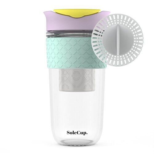 SoleCup 18oz Multi-Purpose Travel Mug – Glass Reusable Coffee Cup with Loose Tea Infuser & Smoothie Filter – Full Pack Silicone