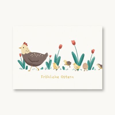 Easter postcard - hen with chicks