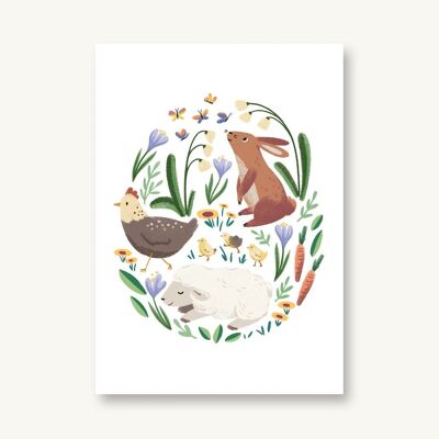 Postal de animales de primavera: conejo, cordero, gallina con pollitos.