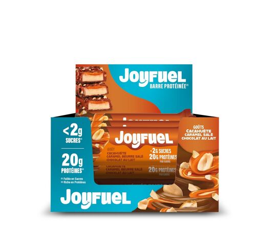 JOYFUEL Barre Protéinée - Goûts Chocolat au Lait, Cacahuètes & Caramel - <2g de sucre - 20g de protéines - 12 barres X 55g