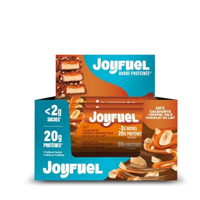 Barretta proteica JOYFUEL - Gusti di cioccolato al latte, arachidi e caramello - <2 g di zucchero - 20 g di proteine ​​- 12 barrette X 55 g