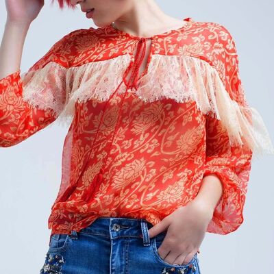 Camisa coral gasa trasparente con encaje