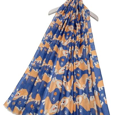 Corgi Dog & Paw Print Frayed Scarf - Blue