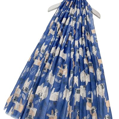 Pug Dog Print Frayed Scarf - Blue