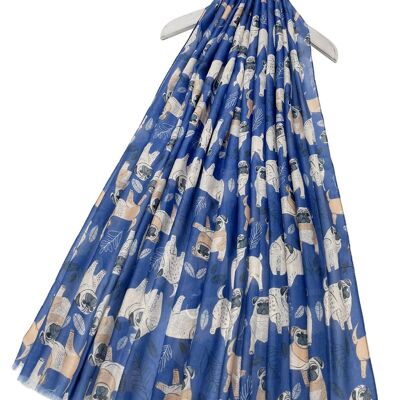 Ausgefranster Schal mit Mops-Print – Blau