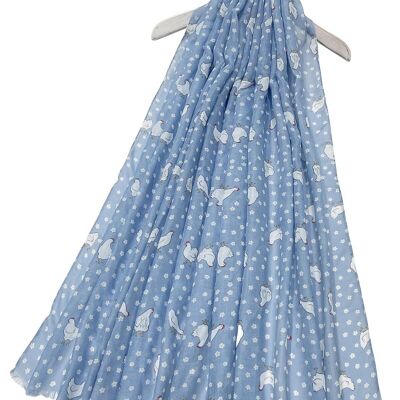 Chicken & Mini Daisy Print Frayed Scarf - Blue