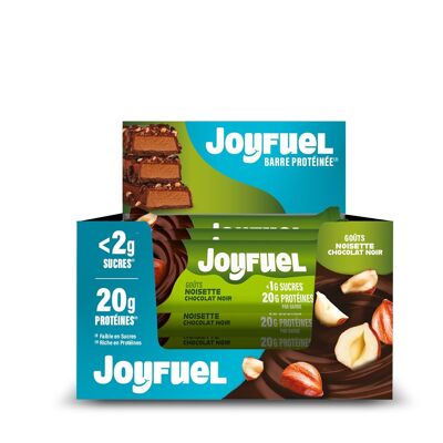 Barra de proteína JOYFUEL - Sabores de chocolate amargo y avellana - <2 g de azúcar - 20 g de proteína - 12 barras X 55 g