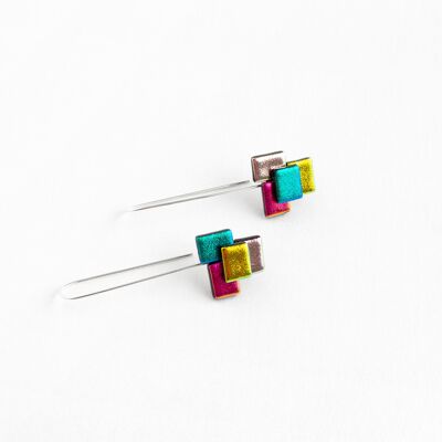 Pendientes Puzzle Largos de Vidrio Dicroico Multicolor