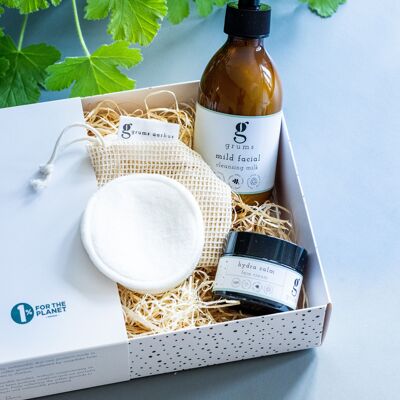 Facial Essentials Box (crema facial + leche limpiadora + almohadillas de bambú/algodón) - set de regalo para el cuidado de la piel apto para personas alérgicas