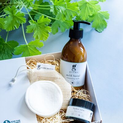 Facial Essentials Box (crema facial + leche limpiadora + almohadillas de bambú/algodón) - set de regalo para el cuidado de la piel apto para personas alérgicas