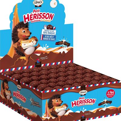 Cémoi – Expositor de chocolate con leche y malvaviscos Little Hedgehog, corazón de caramelo fondant y bolas de cereales crujientes – Fabricado en Francia – 144 piezas sin envolver de 11,5 g