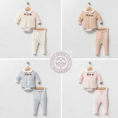 Un paquete de cuatro tamaños de prendas de punto de algodón orgánico para bebé, conjunto de diseño de pastor, 3 piezas