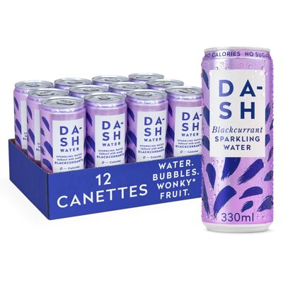 DASH Water Cassis: agua con gas aromatizada con grosella negra. SIN Azúcar, SIN Edulcorante, SIN calorías – Infusión de Frutas Rechazadas - Lata de 33cl