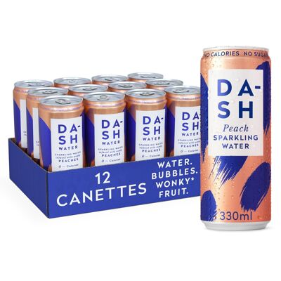 DASH Water Peach – Sparkling water flavored with peach. NO Sugar, NO Sweetener, NO calories – Infused with Rejected Fruits - 33cl can