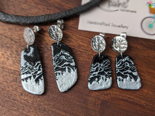 Mountain earrings, silver mountain peaks clay earrings with stainless steel stud