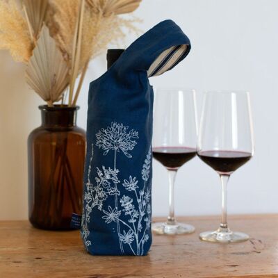 Borsa per bottiglia di vino in lino blu scuro - Reversibile