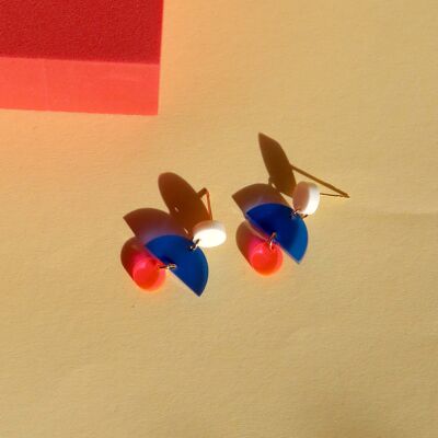 French earrings with stainless steel plugs in white blue neon pink