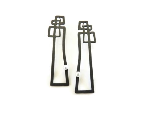 Modernist Pearl Earrings with Geometric Design in Oxidized Silver