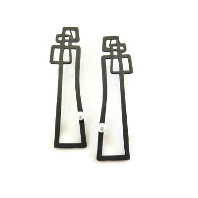 Modernist Pearl Earrings with Geometric Design in Oxidized Silver
