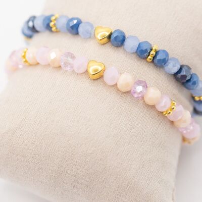 Bracelet coeur d'or en perles de verre | Bleu et rose