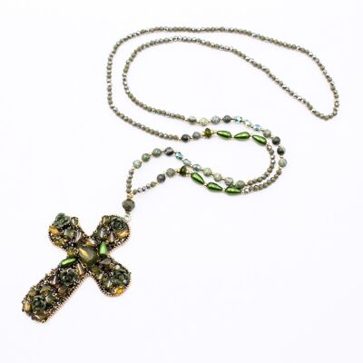 Crystal beaded long necklace with cross pendant