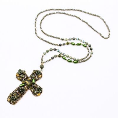 Collana lunga con perline di cristallo e pendente a croce