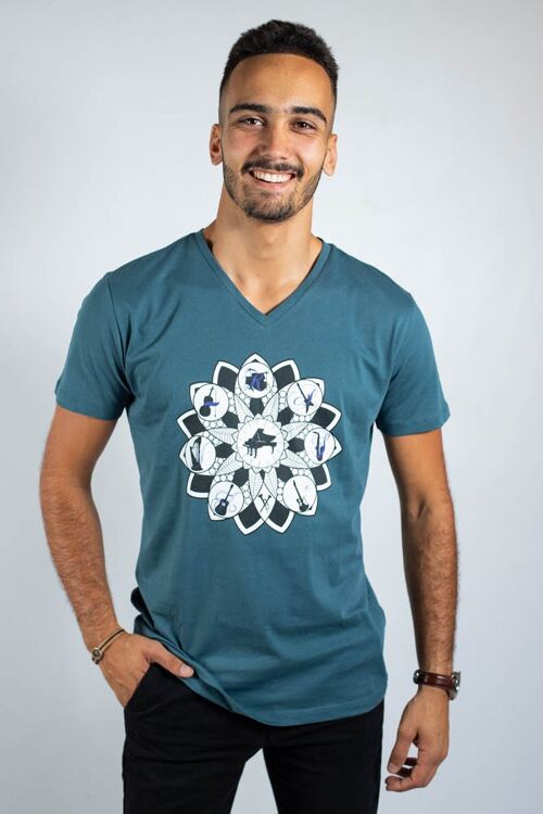 Tee shirt coton bio homme col en V turquoise logo Ky-Kas musique