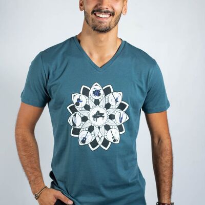 Camiseta de algodón orgánico hombre con cuello en V turquesa logo Ky-Kas music