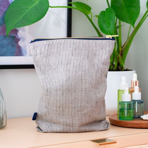 Striped Linen Toiletry Bag - Natural and Dark Blue