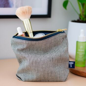 Trousse de Maquillage en Lin Rayé - Naturel et Bleu Foncé 1